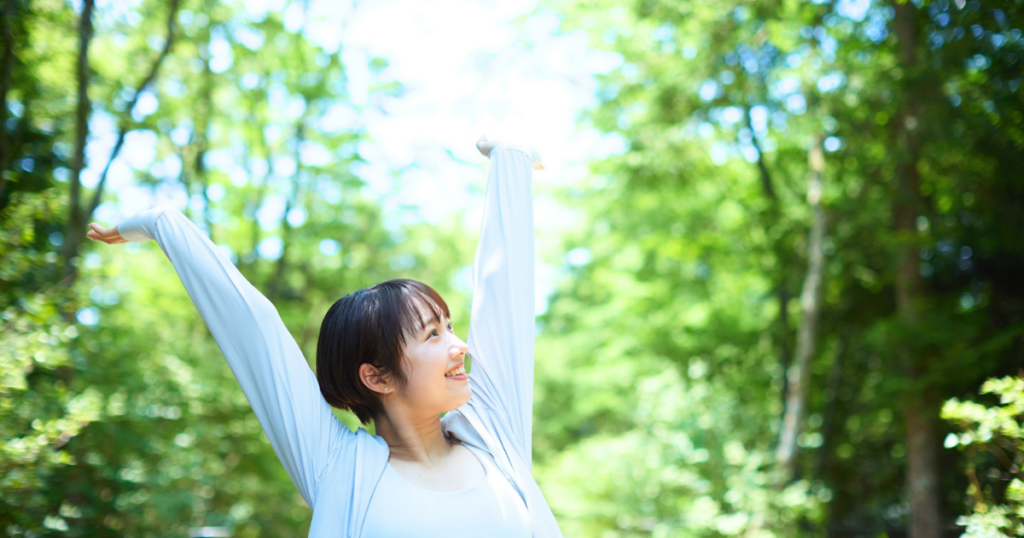 朝ストレッチ後にリラックスしている様子