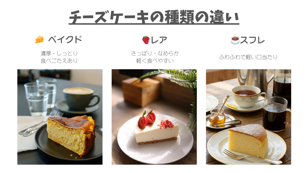 チーズケーキの種類の違い ベイクド レア スフレ 比較