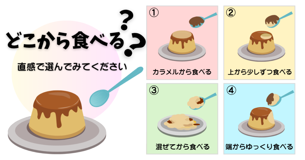 プリンの食べ方4パターン（カラメル先・上から・混ぜる・端から）で性格を診断する心理テスト